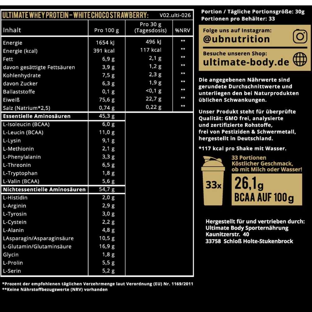 Ultimate 100% Whey Protein - Weiße Schokolade & Erdbeere 1000g