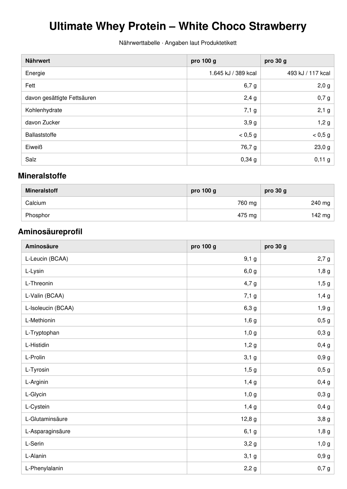 Ultimate Whey Protein Weiße Schokolade & Erdbeere 1000 g – Nährwerttabelle