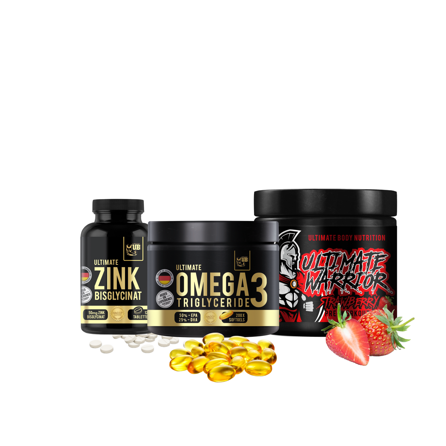 Ultimate Omega-3 200 Softgels, Zink 120 Tabletten, Ultimate Warrior 250g Pre Workout Bundle