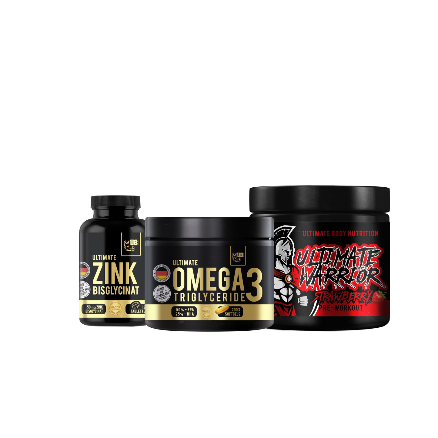 Ultimate Omega-3 200 Softgels, Zink 120 Tabletten, Ultimate Warrior 250g  Pre Workout Bundle